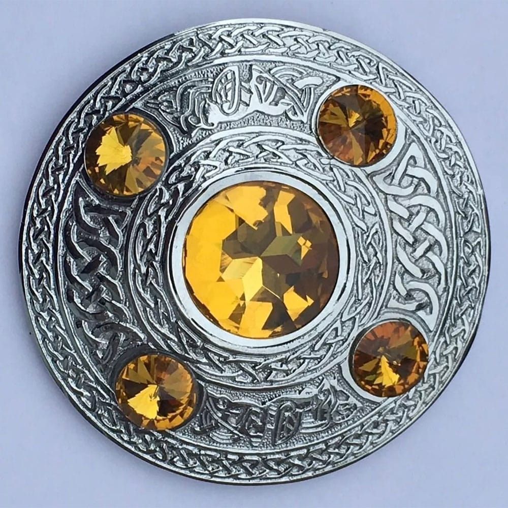 Scottish Kilt Fly Plaid Celtic Brooch Yellow 5 Stone image 0