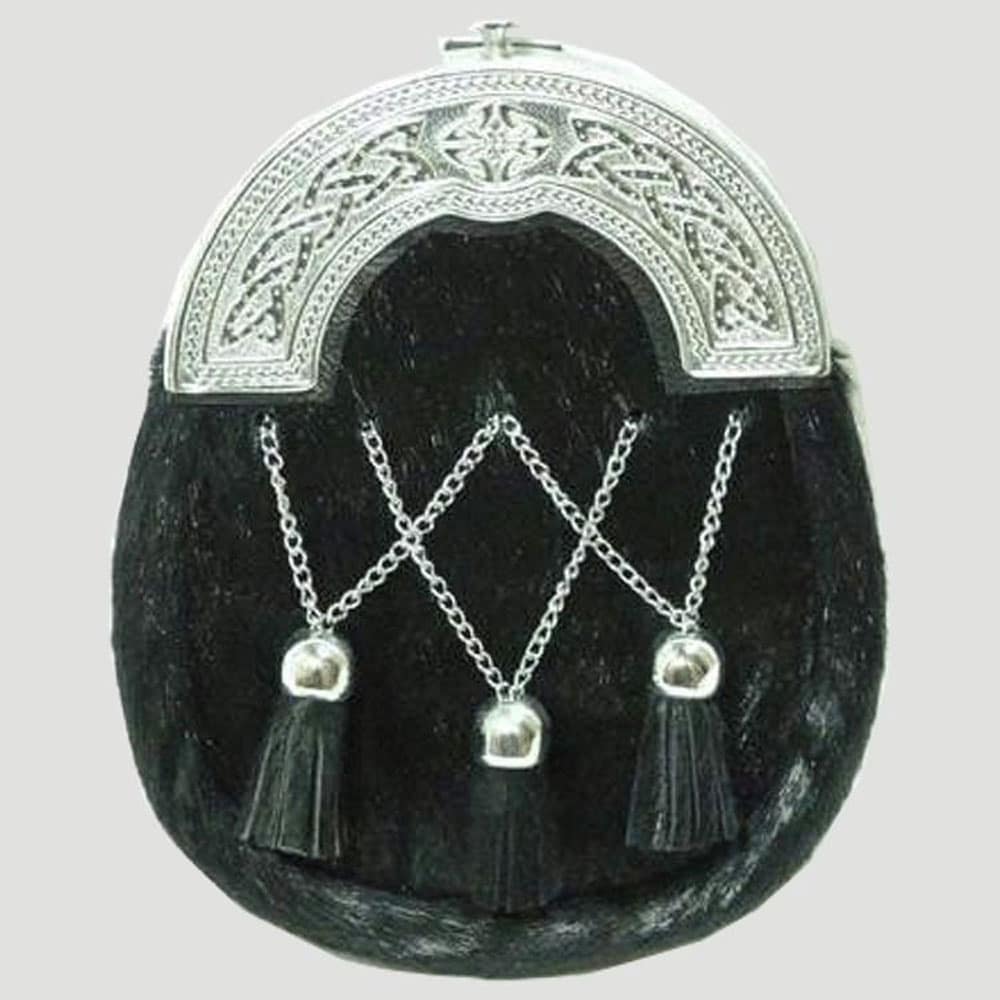 Chrome Plain Celtic Black Calfskin Sporran With Crossed Tassels image 0