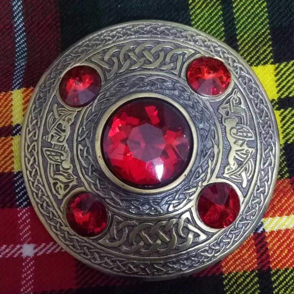 Scottish Kilt Fly Plaid Brooch Red Stone Antique Finish 4" Celtic Pin Brooch image 0