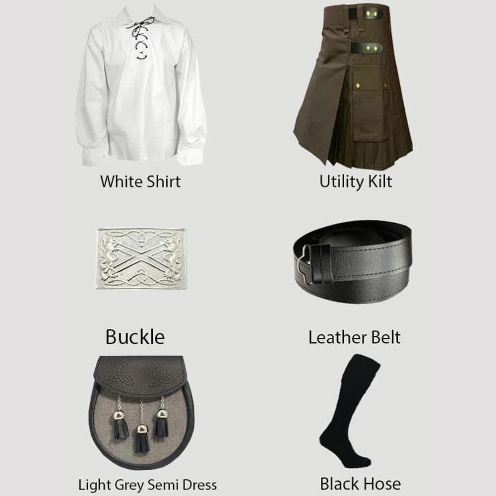 Brown Utility Kilt & White Shirt With Accessories Deal image 0