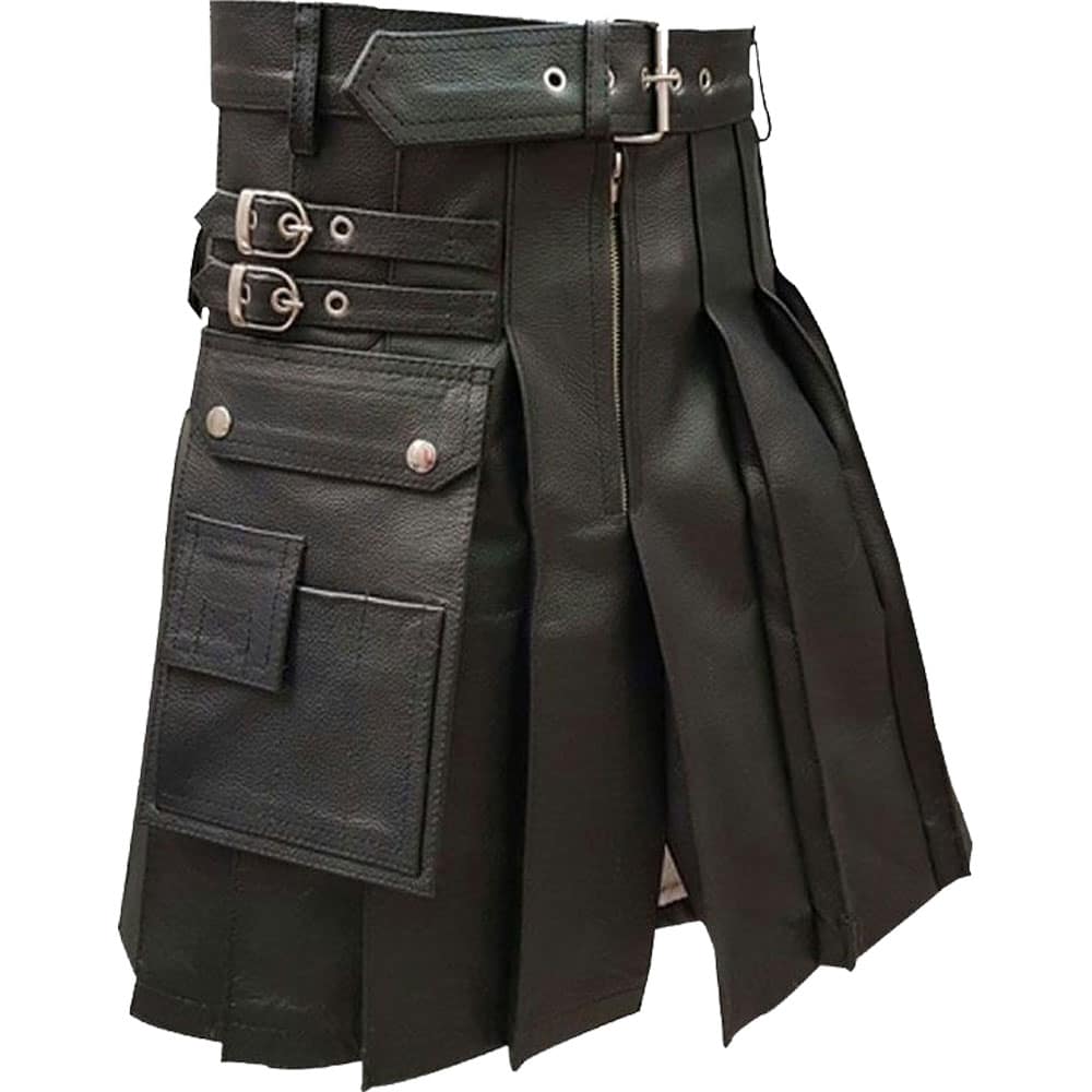 Men Genuine Black Leather Gladiator Pleated Utility LARP Kilt image 0