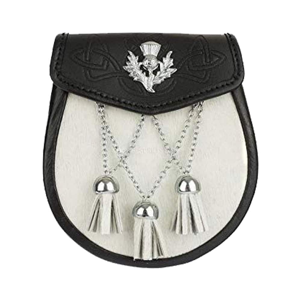 Semi Dress Sporran Black Embossed Leather & White Cowhide Thistle Emblem image 0