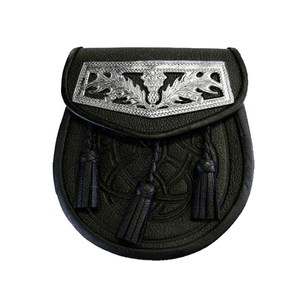 Black Celtic Embossed Thistle Plate Leather Sporran image 0