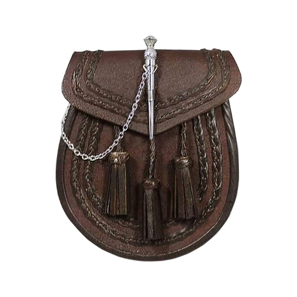 Brown Leather Braided Sporran - Thistle Pin Lock image 0