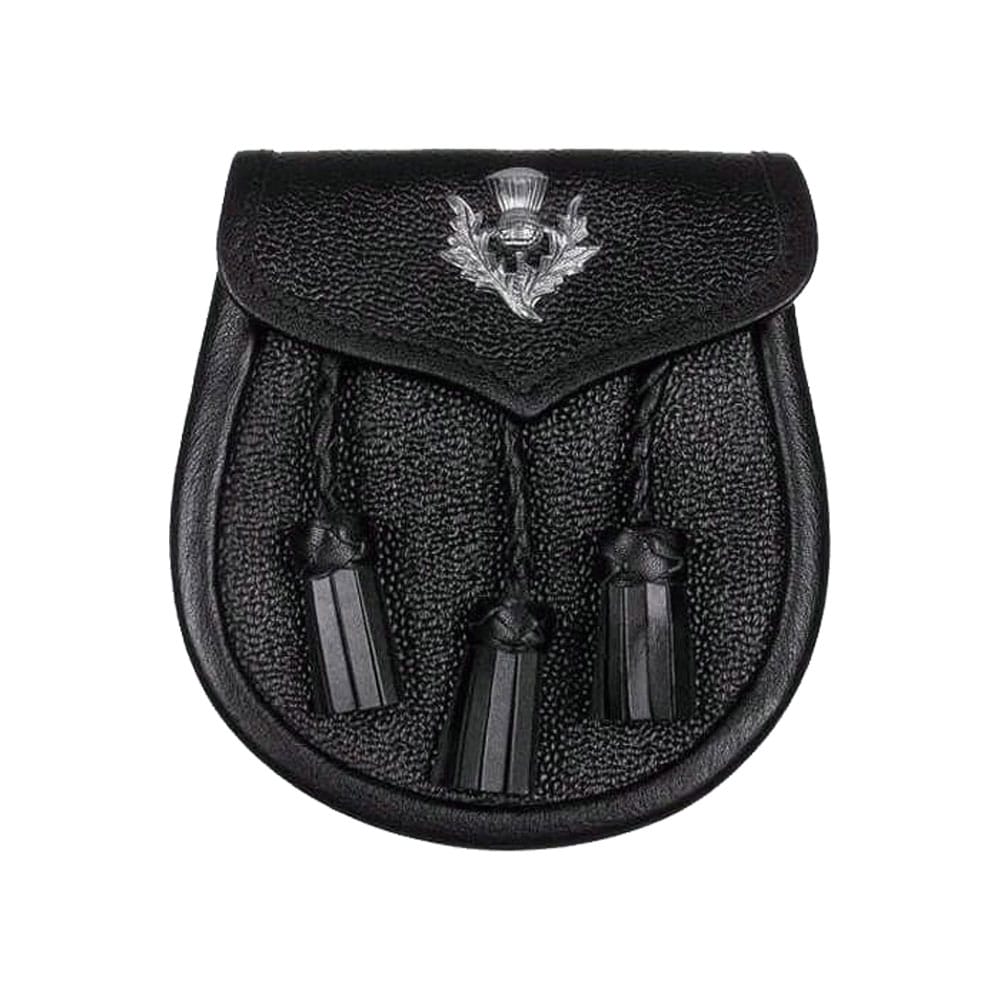 Black Leather Sporran With Thistle Emblem image 0