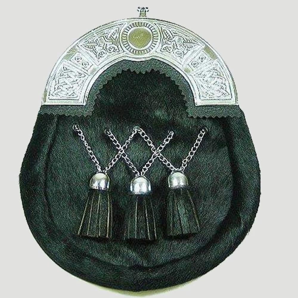 Black Calfskin Cross Tassles Sporran With Chrome Celtic Cantle image 0