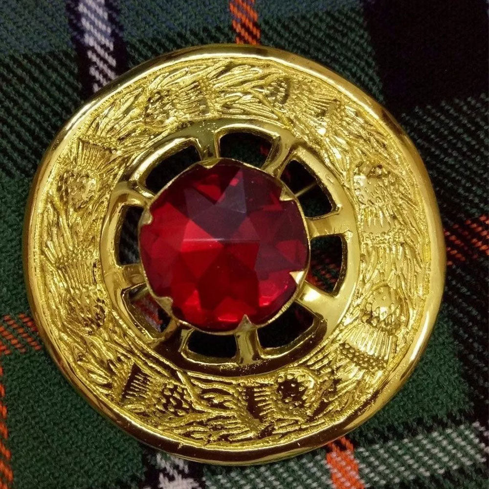 Scottish Kilt Fly Plaid Brooch Red Stone Gold Finish image 0